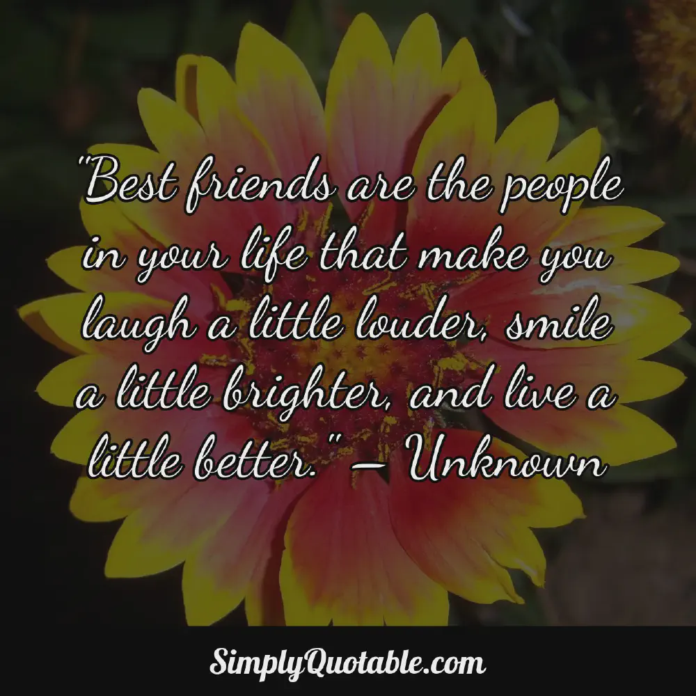 Best friends are the people in your life that make you laugh a little louder smile a little brighter and live a little better  Unknown